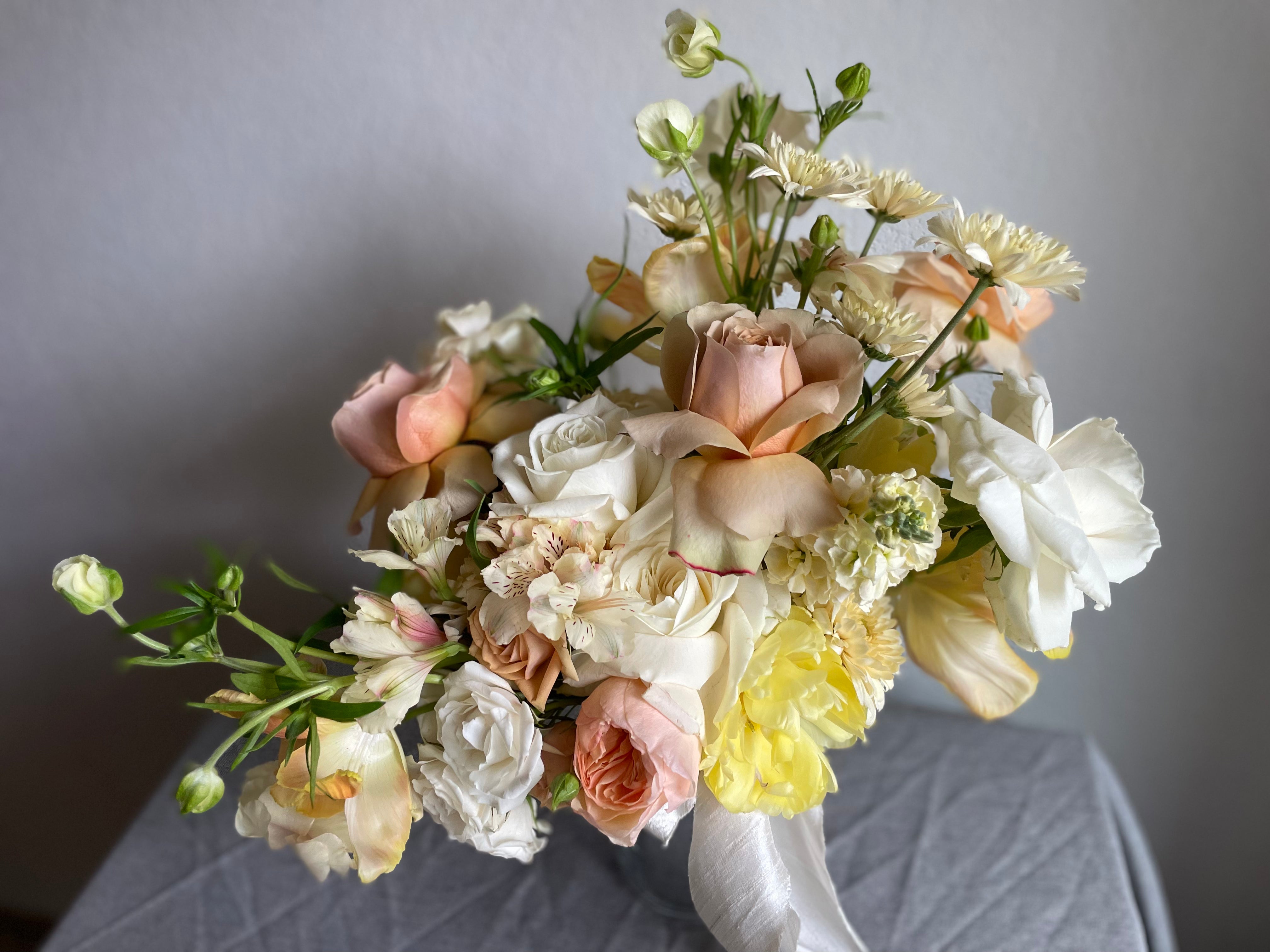 spring pastel bridal bouquet using locally sourced flowers