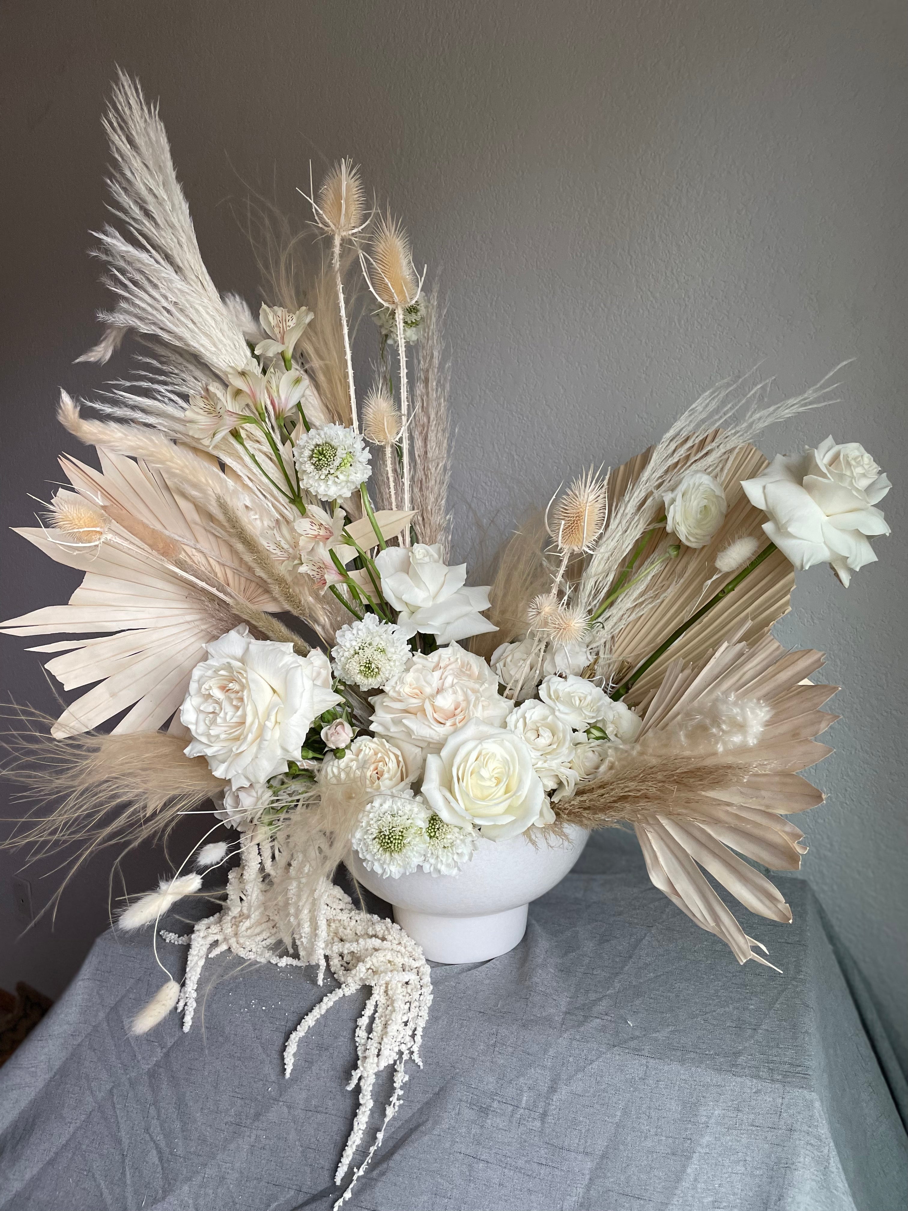 long lasting modern bohemian white and cream wedding flowers