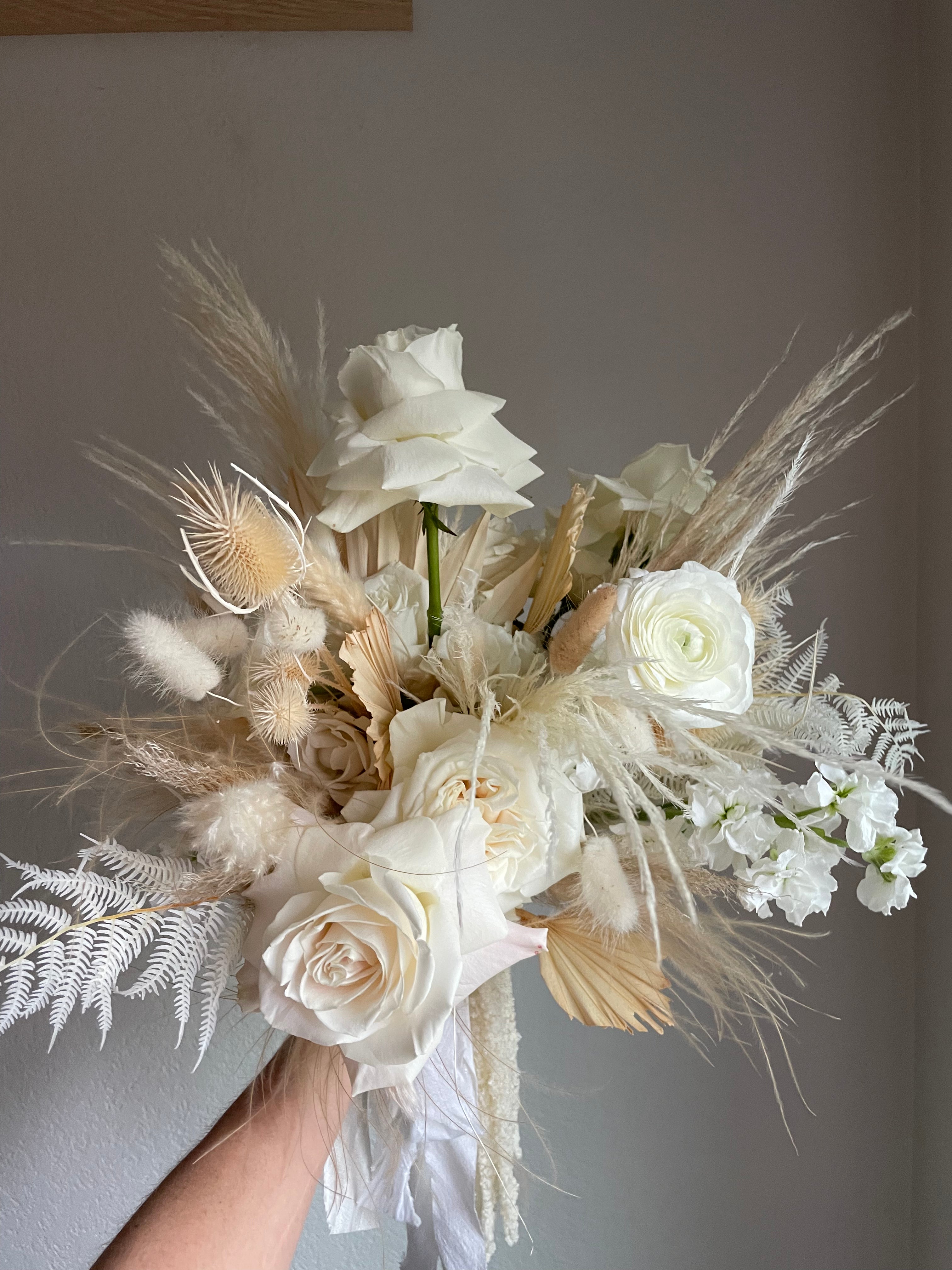 long lasting natural modern bohemian bridal bouquet, perfect for year round weddings in all climates