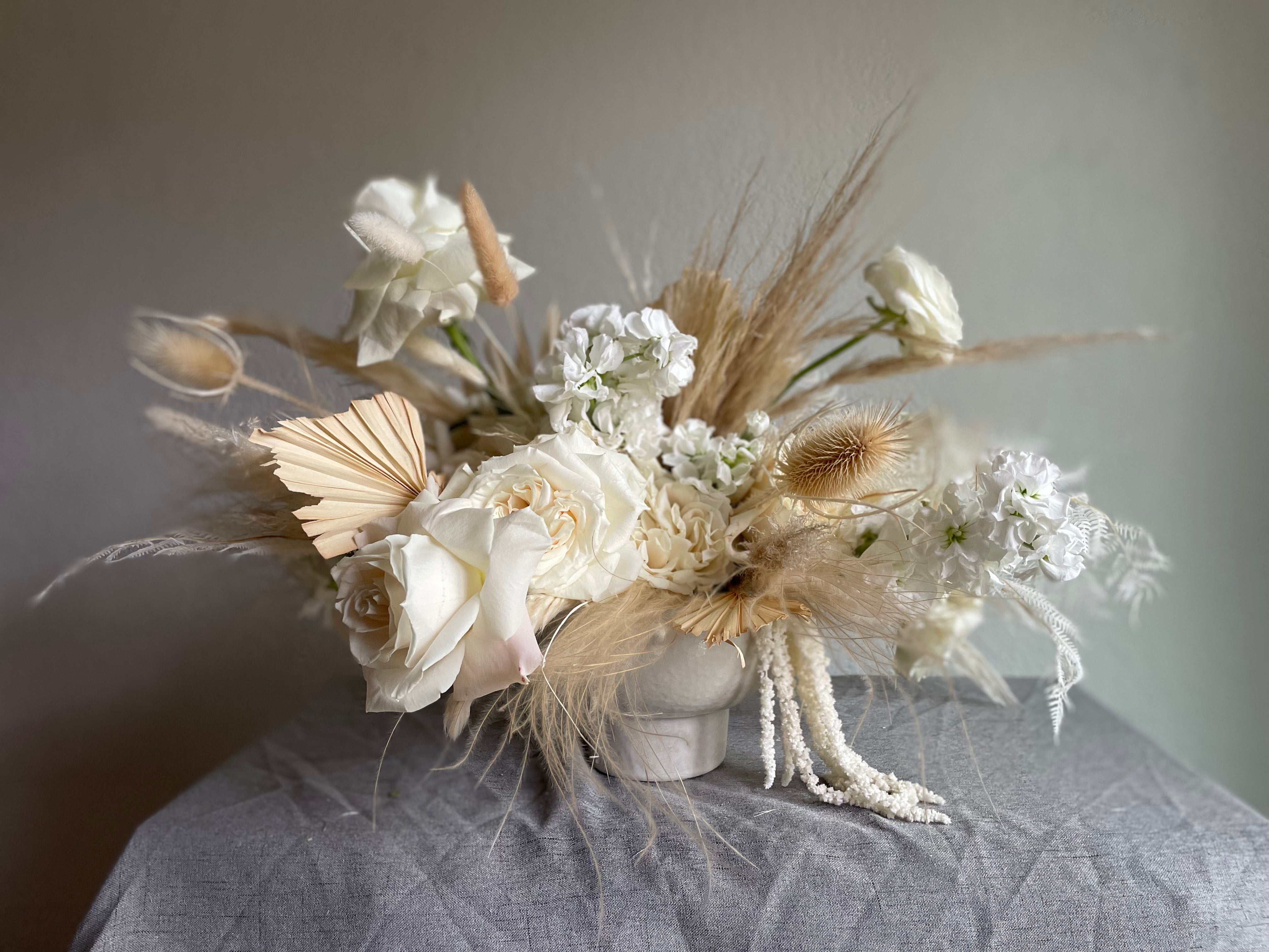 long lasting modern boho white wedding flowers
